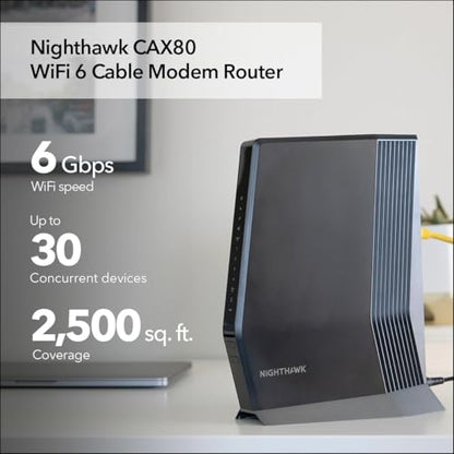 NETGEAR CAX80 AX6000 WiFi Cable Modem Router Combo, 6Gbps, 32x8 DOCSIS 3.1, 5 Ports