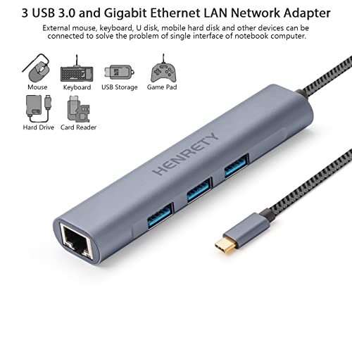 HENRETY USB C to RJ45 Hub, 4-in-1 USB 3.0, 1000 Mbps, Aluminum, Computer Networking Hubs