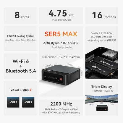 Beelink SER5 MAX Mini PC, AMD Ryzen 7 7735HS, 24GB LPDDR5 RAM, 500GB SSD, 4K Triple Display