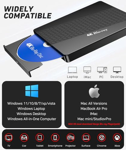 XRTFORE 5.7"x5.4" External 4K Drive USB 3.0 Optical Drive