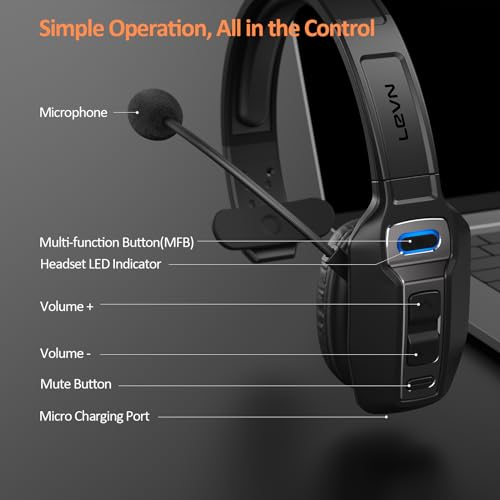 LEVN LE-HS012 Basic Bluetooth Headset Wireless On Ear 65 Hours Battery Life Environmental Noise Cancelling