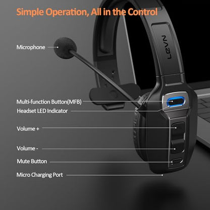 LEVN LE-HS012 Basic Bluetooth Headset Wireless On Ear 65 Hours Battery Life Environmental Noise Cancelling