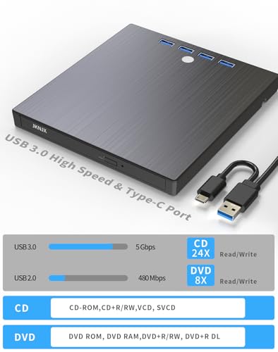 JKNJX 9 in 1 XD013 USB 3.0 and Type-C External CD/DVD Drive
