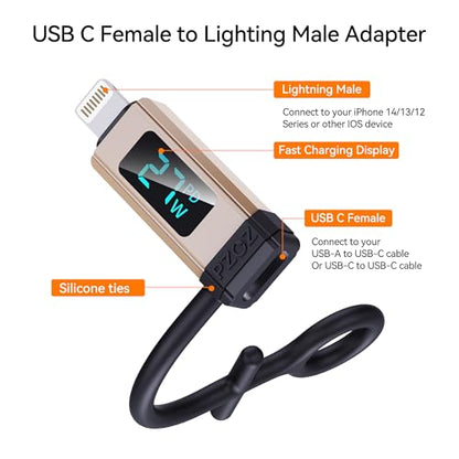 pzoz USB C to Lightning Adapter 27W PD Fast Charging Adapter 2 Ports, Gold