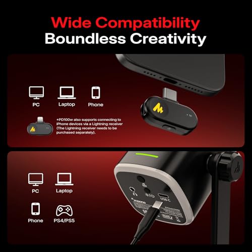 MAONO PD100W Wireless Dynamic Microphone USB Type-A & Type-C Connectivity 82dB Signal-to-Noise Ratio Unidirectional