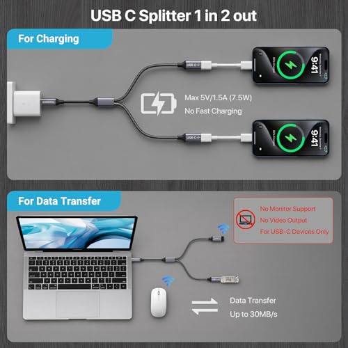 KiwiBird USB-C Splitter 1 in 2 Out Male to Female Adapter, 480 Mbps Data Transfer Rate, Grey