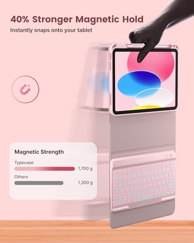 typecase Light Pink Folio Keyboard Case for iPad A16 11" 2025 & 10.9" 10th Gen (Models: A3354/A3355/A3356, A2696/A2757/A2777) Magnetic Wireless Detachable Keyboard, Bluetooth, Battery Powered