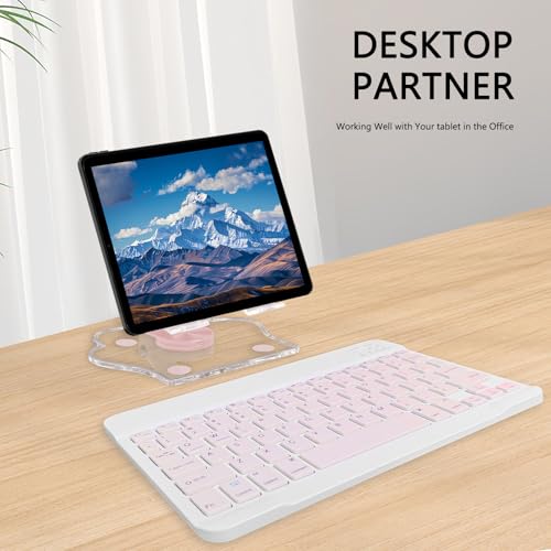 TopPerfekt Adjustable Wireless Tablet Keyboard with Stand, Bluetooth, QWERTY Layout, Pink