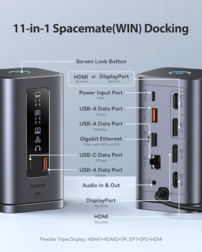 Baseus Spacemate Docking Station 11-in-1 USB-C Dock Triple Display 4K HDMI DisplayPort 100W PD Charging