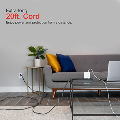 GE 6-Outlet Surge Protector with 20 Ft Braided Extension Cord, 240 Volts, 840 Joules Surge Rating, Model 62943