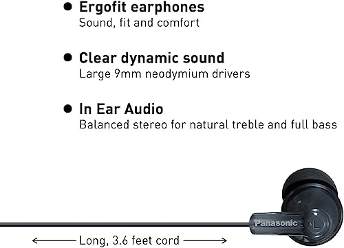 Panasonic RP-HJE120-K Wired Earbud Headphones, 3.5mm Jack