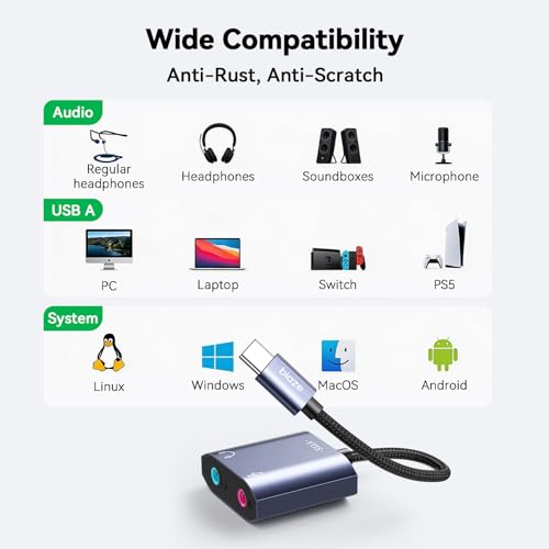 Biaze USB C HW-Y115 Audio Adapter USB C to 3.5mm Headphone Microphone Adapter