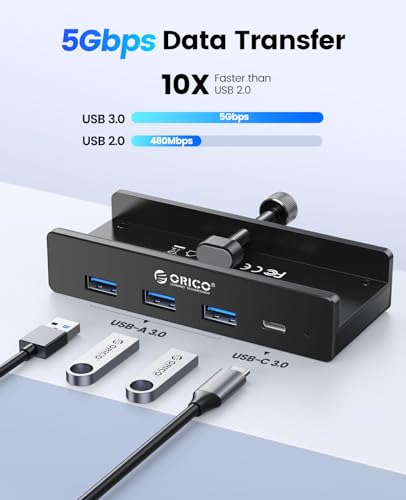 ORICO 4-Port USB Hub 3.0 Aluminum USB-C Adapter, 5 Gbps Data Transfer Rate, USB 3.0, Black