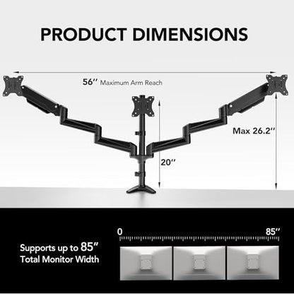 HUANUO Triple Monitor Mount 17-32 Inches HNTS3B - Alloy Steel - Articulating, Swivel, Tilt, Rotate - Tabletop Mount