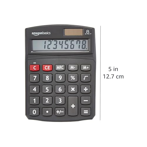 Amazon Basics Standard Function LCD Calculator Solar and Battery Black 8-Digit KC-760-8