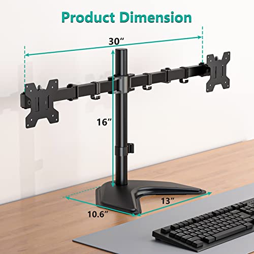 WALI 27 Inch Dual Monitor Stand MF002 Multi-Angle Adjustable Free Standing Black Computer Monitor Stand