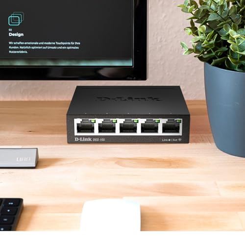 D-Link 5-Port Gigabit Ethernet Switch Model DGS-105 Compact Desktop Plug and Play - Black