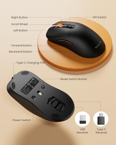 ProtoArc 2.4G Wireless Bluetooth Type C Ergonomic Mouse EM15 Optical Right-Handed Black