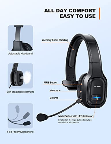 TECKNET Bluetooth Trucker Headset TK-HS001 Wireless Headphones with Microphone - On Ear - Black