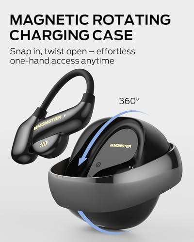 Monster Open Ear AC390 Wireless Earbuds, Bluetooth 6.0, 24-Hour Battery Life, IPX5 Water Resistant, Touch Control, Open Ear Design