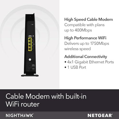 NETGEAR C6300 Cable Modem WiFi Router Combo DOCSIS 3.0 AC1750 1600 sq. ft. Coverage Ethernet 4 Ports