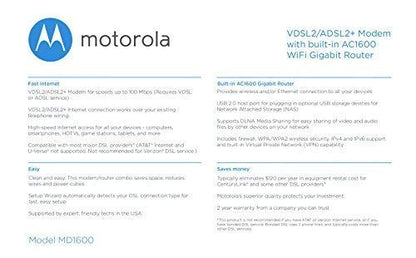 Motorola Dual-Band AC1600 Model MD1600 Ethernet/Wi-Fi Router