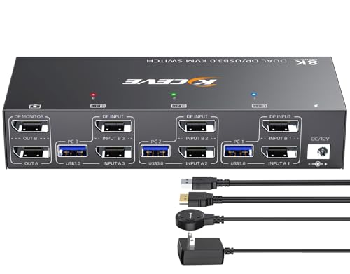 KCEVE KVM Switch 2 Monitors 3 Computers 4K@144Hz DisplayPort USB 3.0 Model KC-302DP-A