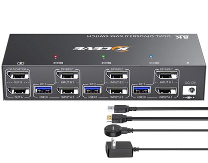 KCEVE KVM Switch 2 Monitors 3 Computers 4K@144Hz DisplayPort USB 3.0 Model KC-302DP-A
