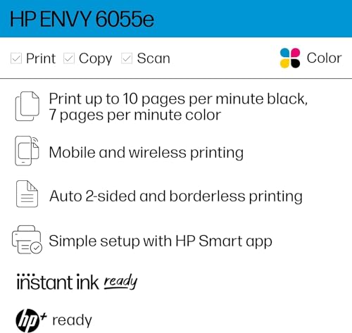 HP ENVY 6055e Color Inkjet Printer 1200 x 1200 DPI Automatic Duplex Network Ready
