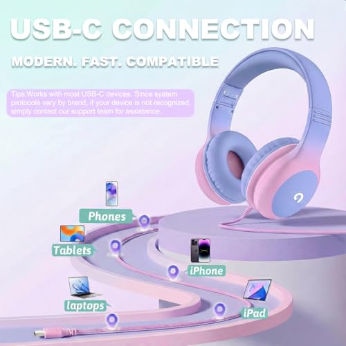 ADOOPE Wired Kids Headphones AD532 Light Purple & Pink Over Ear USB C Safe Volume 85dB