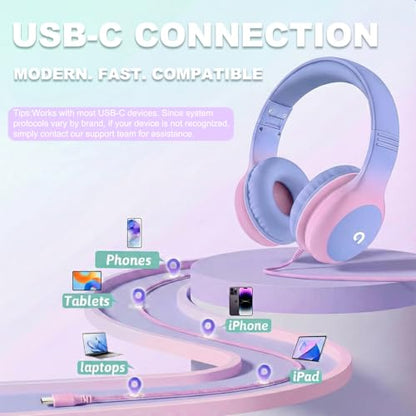 ADOOPE Wired Kids Headphones AD532 Light Purple & Pink Over Ear USB C Safe Volume 85dB