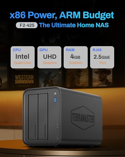 TERRAMASTER F2-425 2-Bay Network Attached Storage, Intel x86 Quad-Core CPU, 4GB RAM, 2.5GbE LAN, Multimedia Server