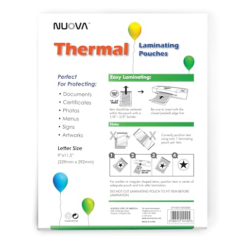 Nuova 9" x 11.5" Laminating Pouches Letter Size 100 Count Thermal 3 mil