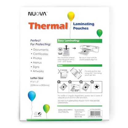 Nuova 9" x 11.5" Laminating Pouches Letter Size 100 Count Thermal 3 mil
