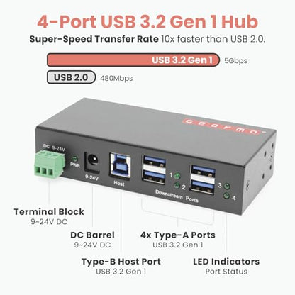 Gearmo 4-Port USB 3.0 Hub with ESD Protection and Industrial Enclosure