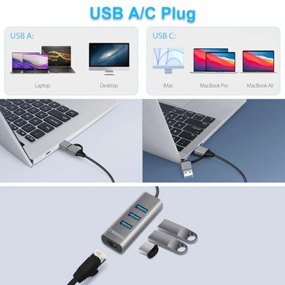 TWOPAN 3-Port USB 3.0 Hub with Ethernet Adapter, Model T3-L, Aluminum Construction, Compatible with Mac and Windows