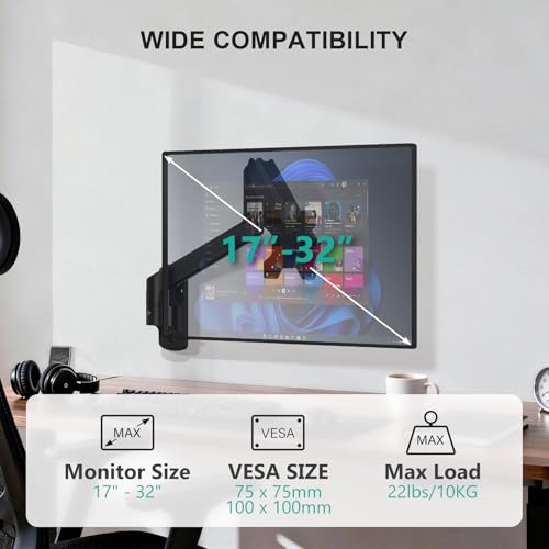 WALI 13-32 Inch GSWM001 Monitor Wall Mount, Adjustable Gas Spring Arm, 22lbs Capacity, Black