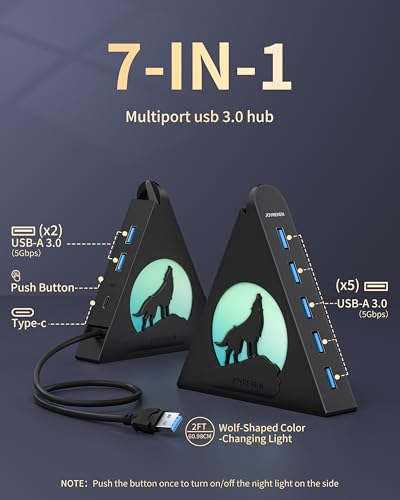 JoyReken 7-Port USB 3.0 Hub J7-WF-BK-2FT 5Gbps Plastic
