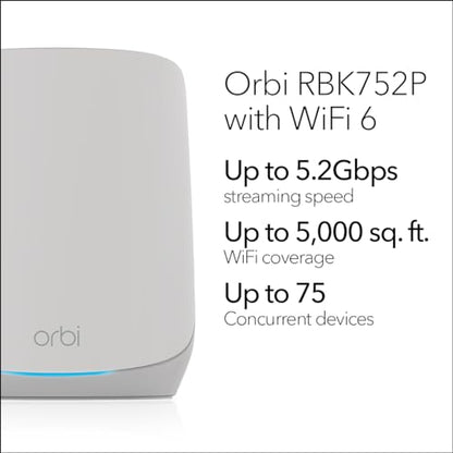 NETGEAR Orbi Whole Home Tri-Band WiFi 6 Mesh Network System (RBK752P) – Router with 1 Satellite Extender, Coverage up to 5,000 sq. ft., Supports 75 Devices, Maximum Data Transfer Rate 5.4 Gbps, 802.11ax