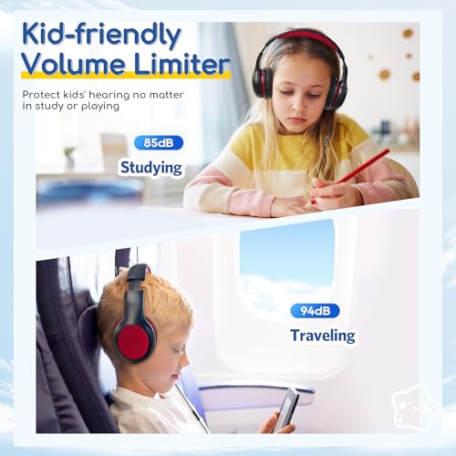 EarFun K1 Wired Kids Headphones with Microphone, 40mm Dynamic Drivers, Over-Ear Design, Black Red