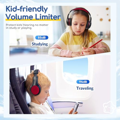 EarFun K1 Wired Kids Headphones with Microphone, 40mm Dynamic Drivers, Over-Ear Design, Black Red