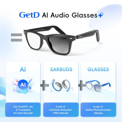 GetD 1 Inch GG13 Smart Glasses with Photochromic Lens - Lightweight Bluetooth Audio Glasses