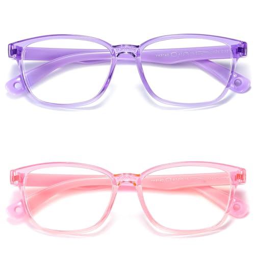 AHXLL Kids 2 Count Qsweet Blue Light Blocking Reading Glasses Transparent Purple and Pink