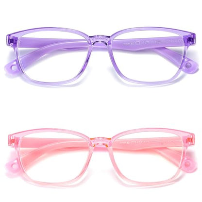AHXLL Kids 2 Count Qsweet Blue Light Blocking Reading Glasses Transparent Purple and Pink