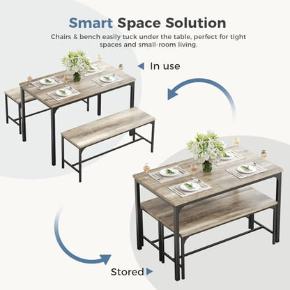 DUMOS 3PCS DUZYT Dining Table Set for 4 with Bench, Grey