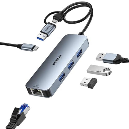 BENFEI USB-C to Gigabit Ethernet Adapter 000386grey 5Gbps Hub 3 Ports Silver Adapter