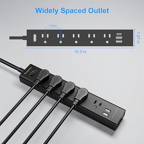 IECOPOWER 10.3" x 1.97" Power Strip Model WD-R1203U 125V 10A 5 Outlets with 3 USB Ports
