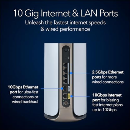 NETGEAR RBE973S Quad-Band WiFi 7 Mesh Network System, Router + 2 Satellite Extenders, Up to 27Gbps, Covers 10,000 sq. ft.