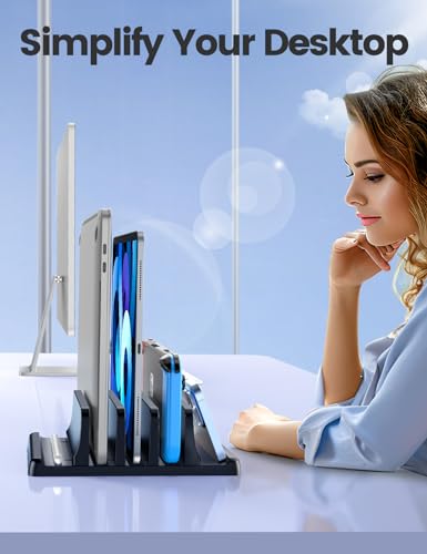 Vaydeer 3-Slot Vertical Laptop Stand Organizer, Adjustable Width, Tabletop Mounting, Rubber and Silicone Enclosure, Black, Model Xunli-0009