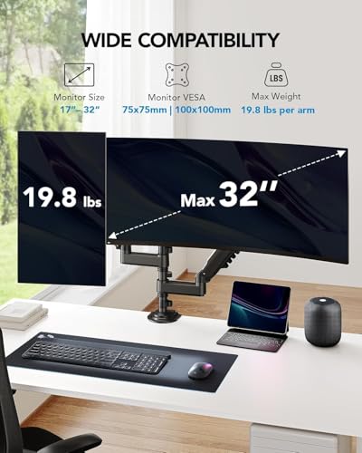 HUANUO 32 Inch HNDS8 Dual Monitor Stand Ergonomic Adjustable Tilt 45 Degrees Tabletop Mount